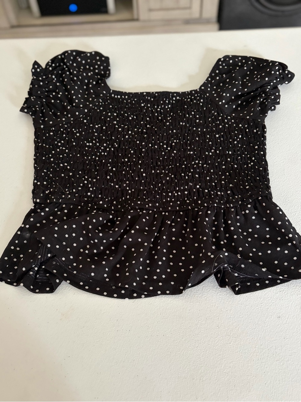 Sugarlips Black & White Polka Dot Smocked Peplum Top. Small.